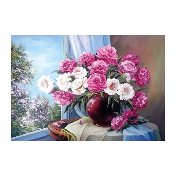 Scene Blossoming Roses In Front Of The Window Diamond Art
